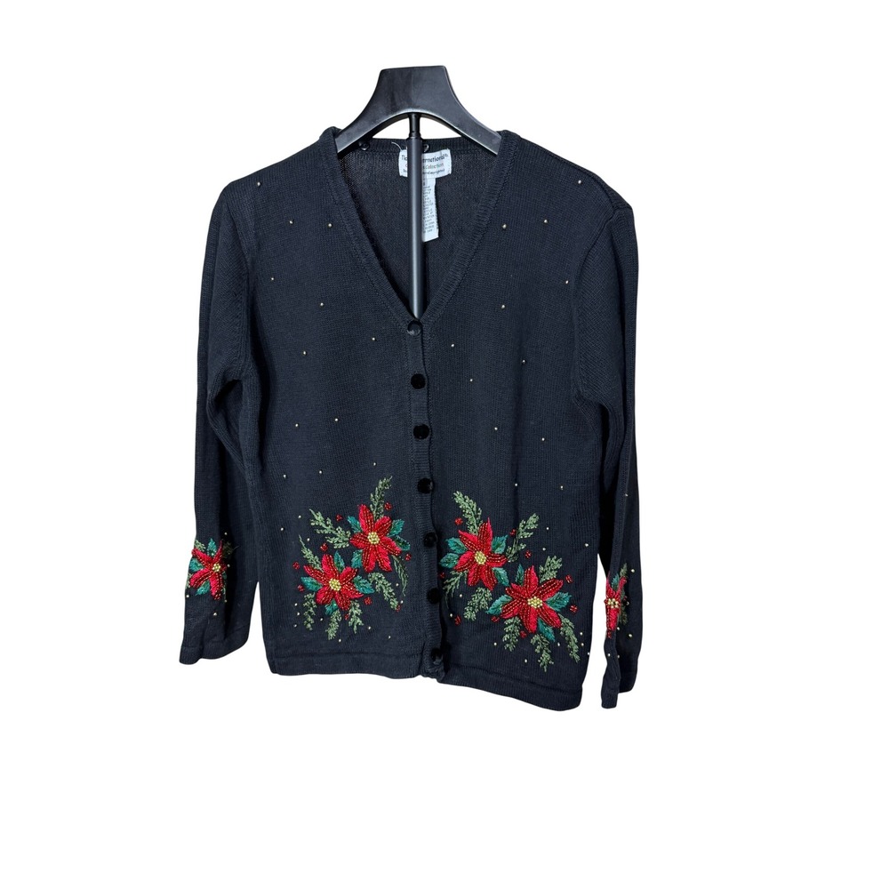 Tiara International Christmas Poinsettia Beaded Cardigan Sweater Black Small